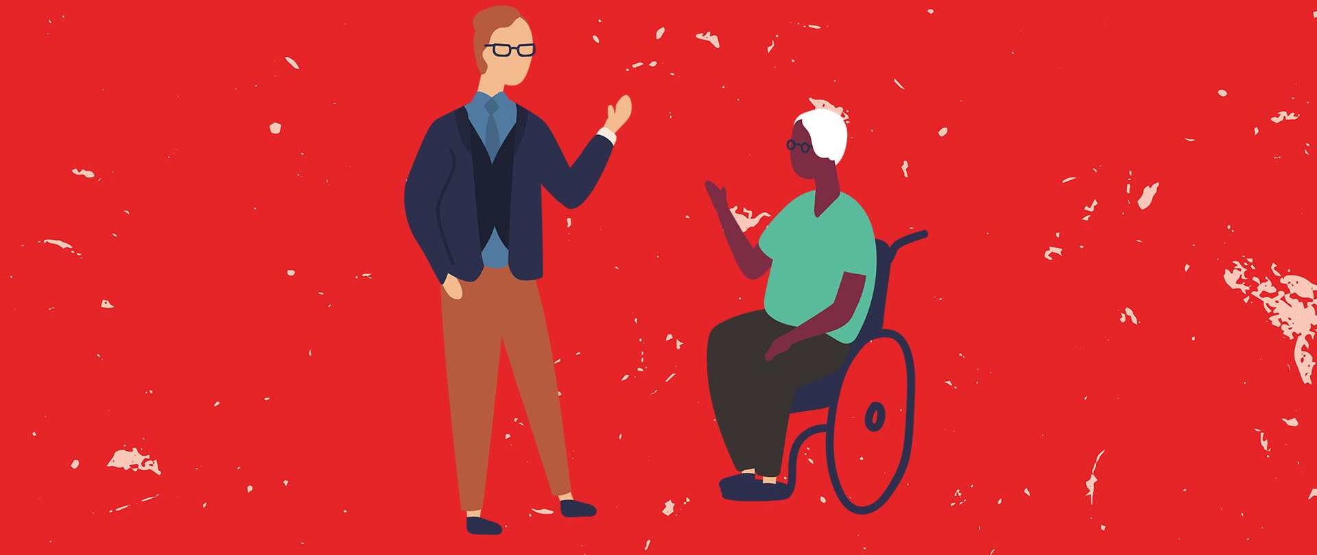 A man talking to another man in a wheelchair illustration
