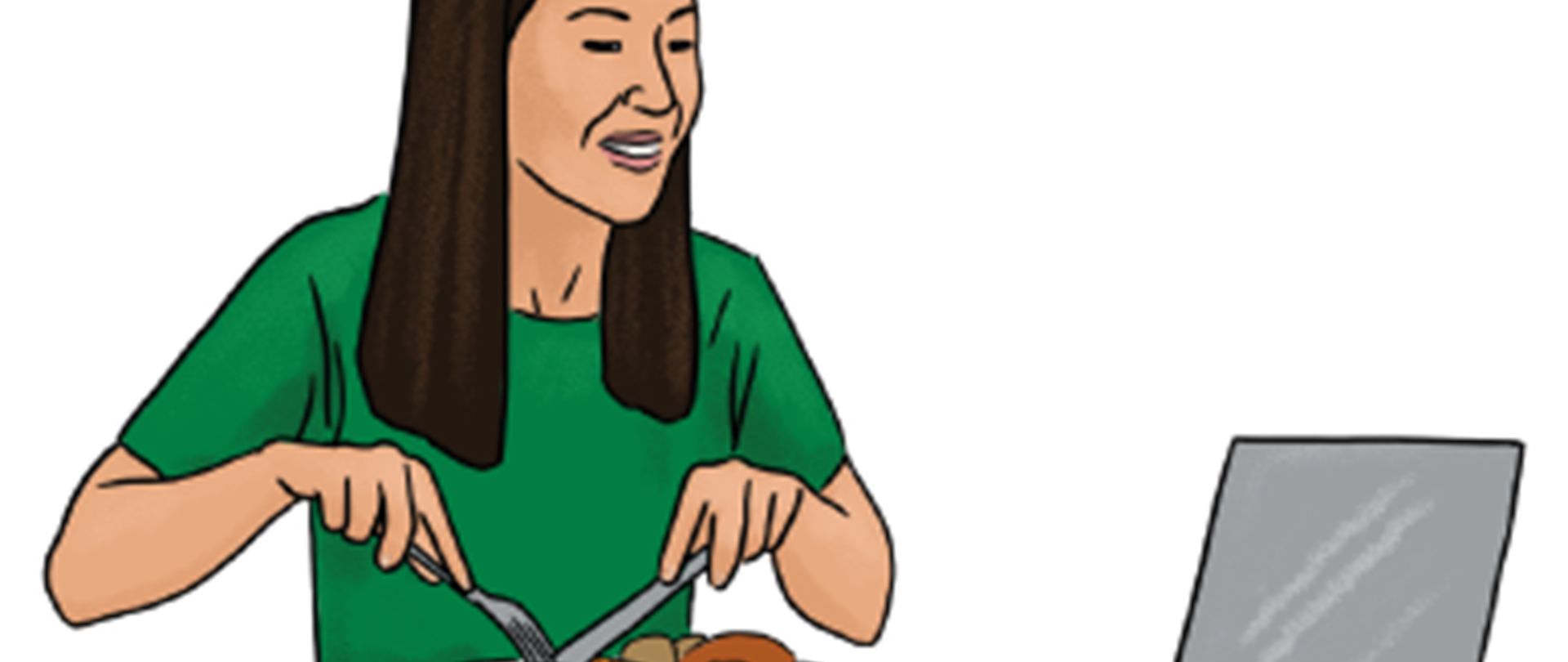 illustration of a woman eating a meal in front of a laptop smiling