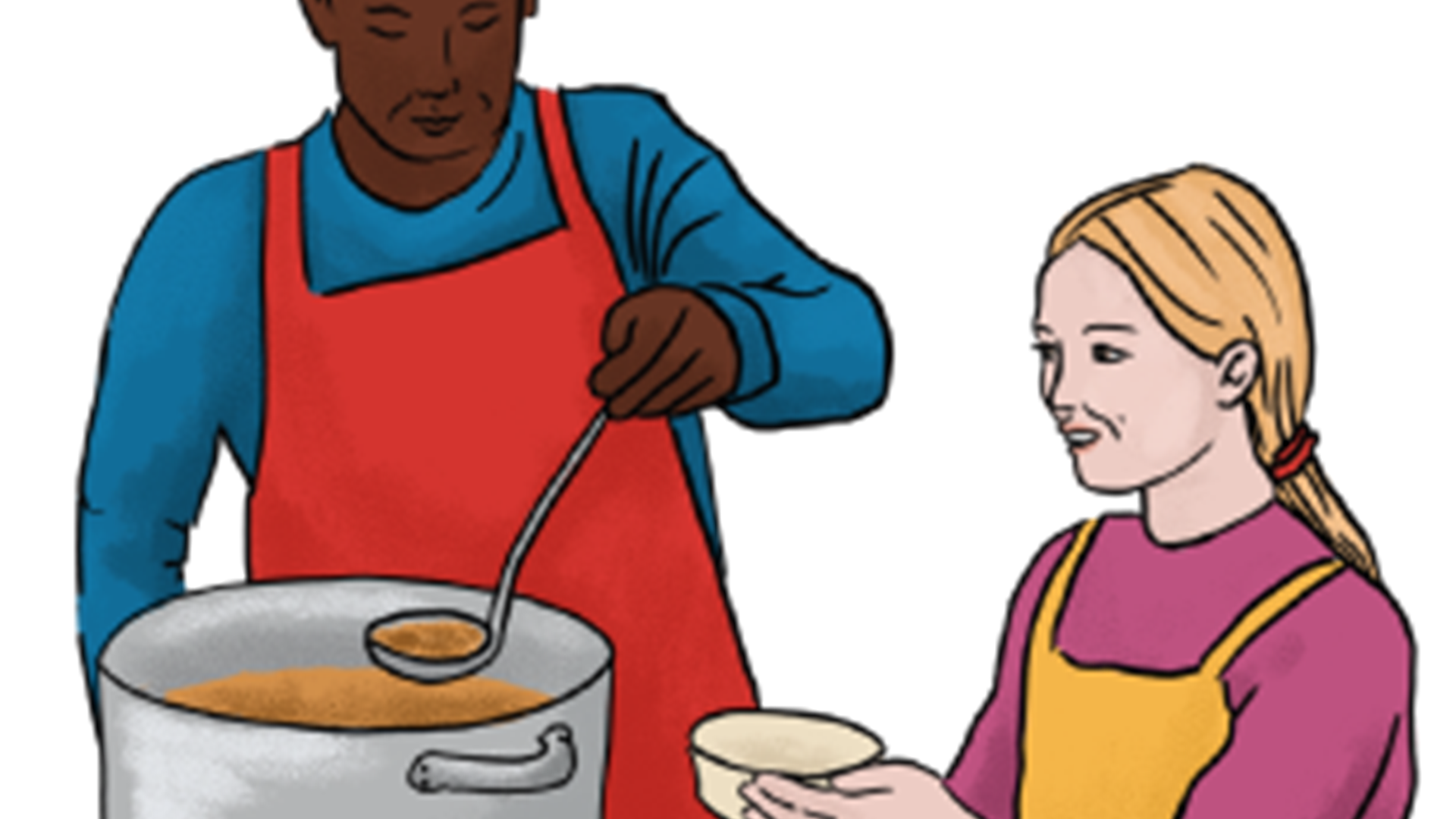 an illustration of two young people. one is serving soup or stew or daal from a big pan. the other is holding a bowl is holding
