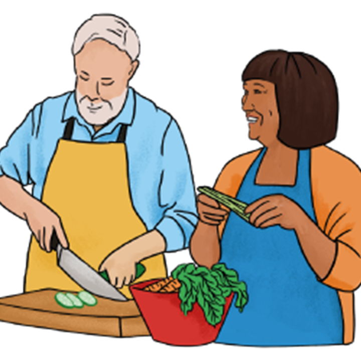 illustration of two people chopping vegetables - one man and one woman