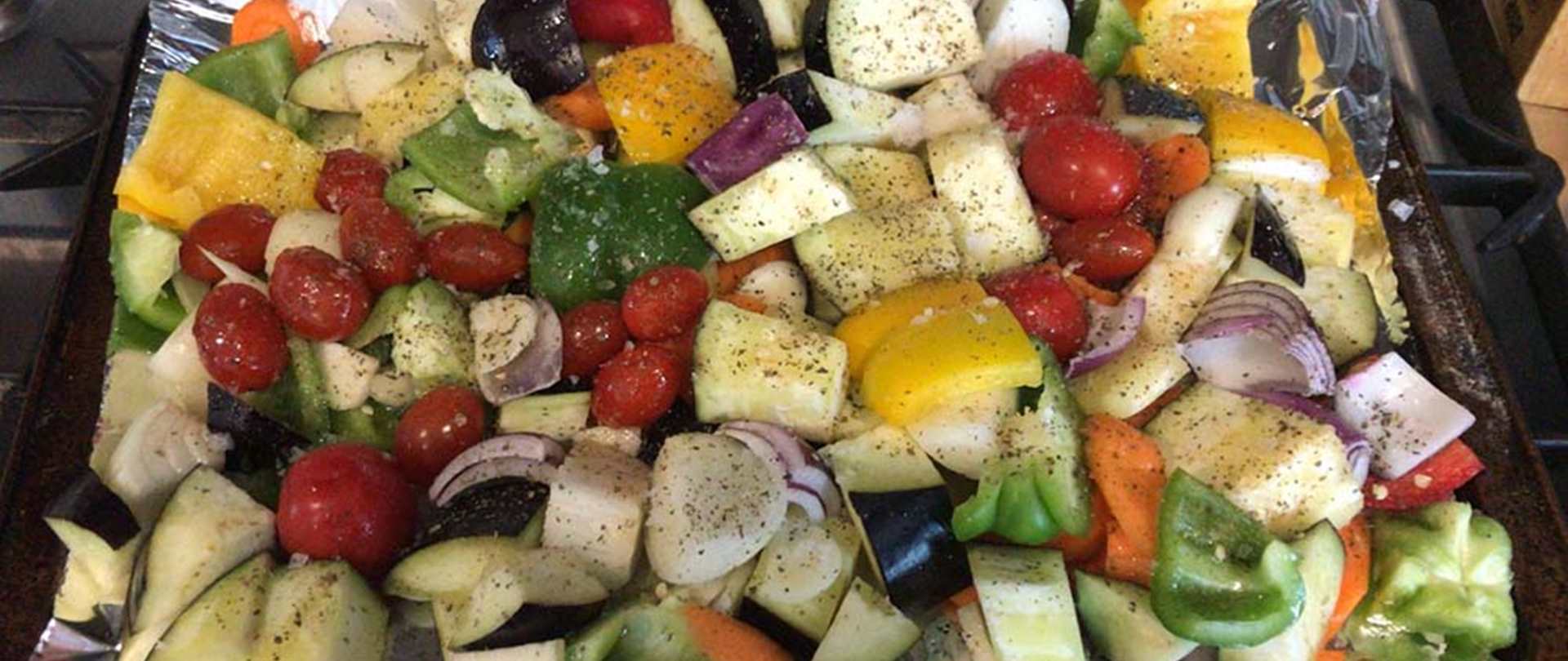 Roasted vegetables ready to go into the oven